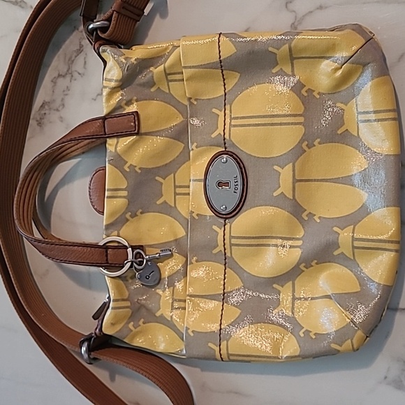 Fossil Key-Per Yellow Tan Ladybugs Coated Canvas Leather Top Handles Crossbody - Picture 4 of 15